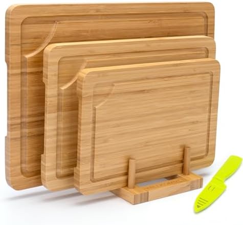 Bamboo Cutting Board Set of 3, Cutting Boards for Kitchen with Holder