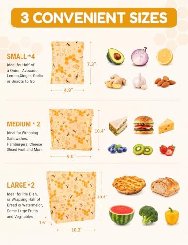 Beeswax Food Storage Bags, 8 Pack, 2L/2M/4S