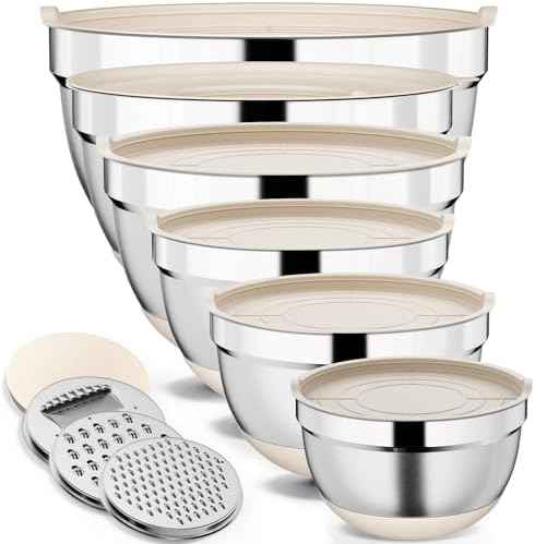 9 Pack Mixing Bowls with Airtight Lids & Grater Attachments, Khaki