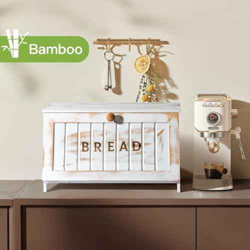 DAOYOUSKY Bamboo Bread Box for Kitchen Countertop, White Vintage Wooden Counter Breadbox, Single Layer Rustic Wood Large Capacity Bread Storage Container Bin