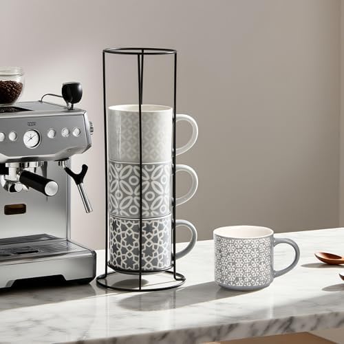 Hiceeden Set of 4 Coffee Mugs with Metal Stand, 15 oz Stackable