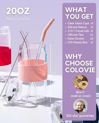 ColoVie Glass Tumbler with 3 IN 1 Lids and Glass Straws