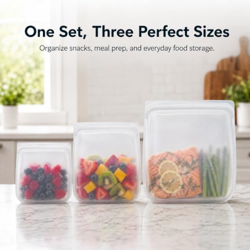 Reusable Silicone Food Storage Bags, Small, Medium and Large, 3-Pack