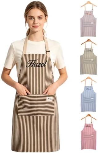 Custom Embroidered Striped Kitchen Apron with Adjustable Strap & 2