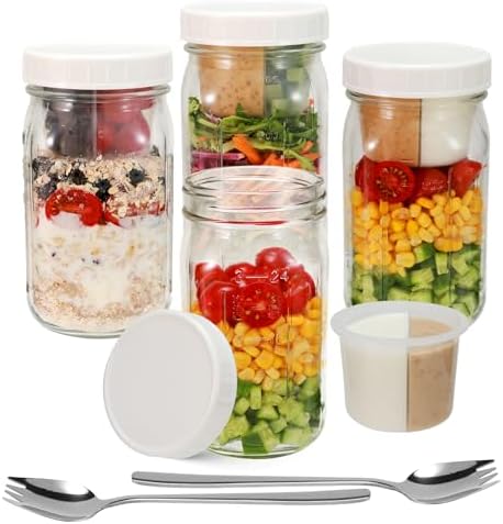 4 Pack Glass Salad Mason Jars with Lids Meal Prep 32 oz Wide Mouth