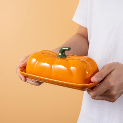 Orange Pumpkin Butter Dish, Ceramic Butter Container for Fall