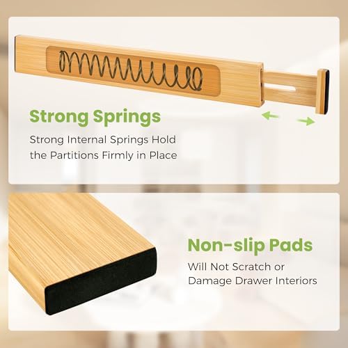 Fyvva Drawer Organizer, Spring-Loaded Expandable Bamboo Dividers