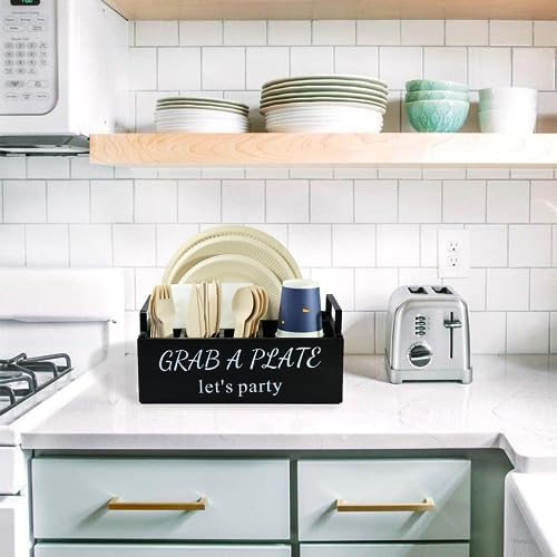 Paper Plate Holder, Utensil Caddy Organizer, Wood Paper Plate