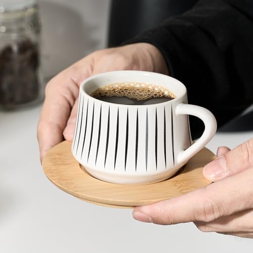 LUKA Ceramic Coffee Espresso Cups with Saucers Set with Metal Holder