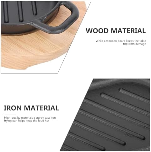 DOITOOL Cast Iron Plate for Grilling Steak Plate Teppanyaki for Steak Eel and Grilled Fish 10.62 X 4.92 X 0.78 in with Wooden Tray for Home Cooking Party Serving and Barbecue