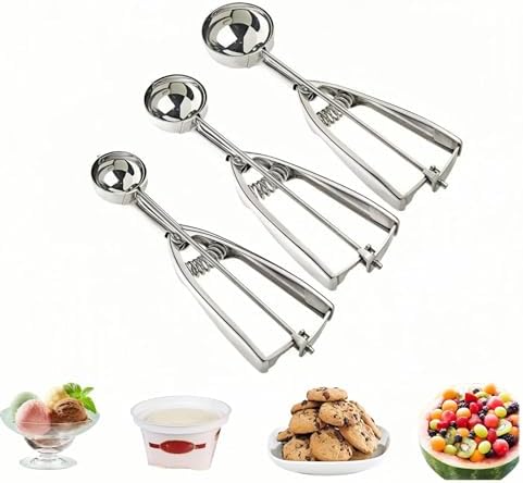 3Pcs Ice Cream Scoop,Stainless Steel Cookie Scoop Set with Trigger