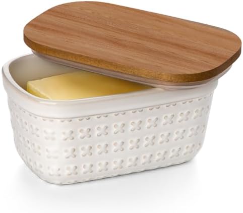 Nucookery Ceramic Butter Dish with Wood Lid for Countertop, Butter