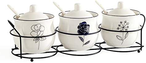Ceramic Spice & Sugar Jar Set, 3 Pcs with Lids & Spoons 230 ml