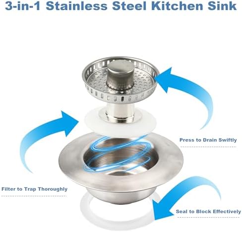Kitchen Sink Drain Strainer,Stainless Steel 3-in-1 Pop-up Sink Stopper