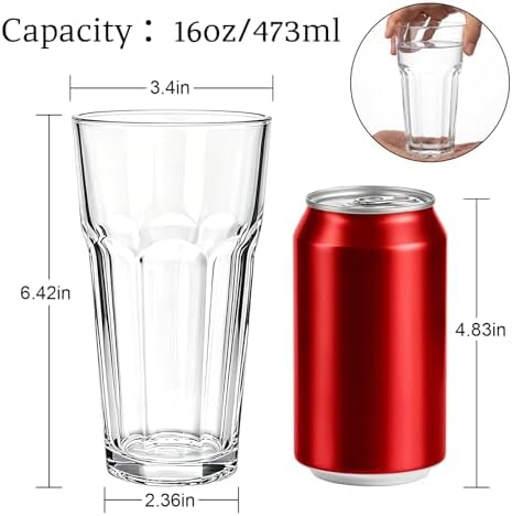 Mapoxy 16oz Highball Glasses Set of 6, Thick Lead-Free Glass Tumblers