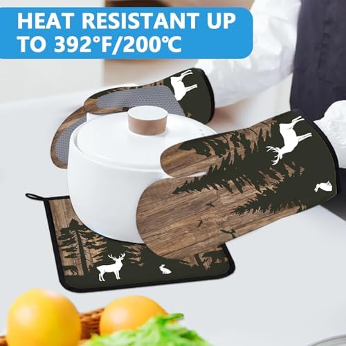 Deer Forest Wood Grain Oven Mitts and Pot Holders Set, 4Pcs