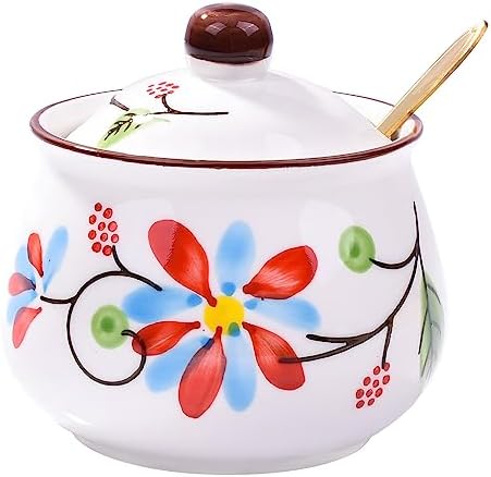 Ceramic Sugar Bowl with Lid and Spoon, 10.8 OZ Floral Sugar Jar