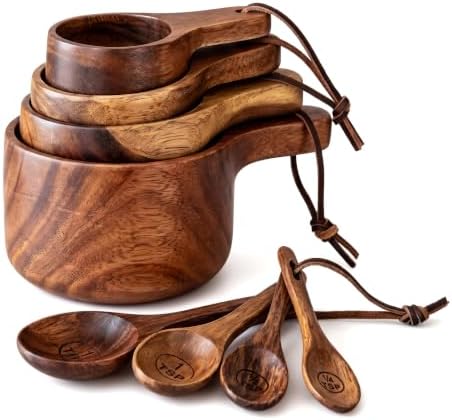Acacia Wood Measuring Cups and Spoons Set, 8 Piece Handcrafted Wooden