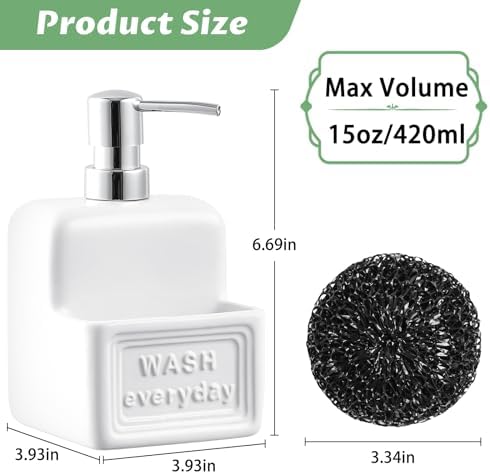RQYIXI Ceramic Soap Dispenser with Sponge Holder, White, 15 Oz