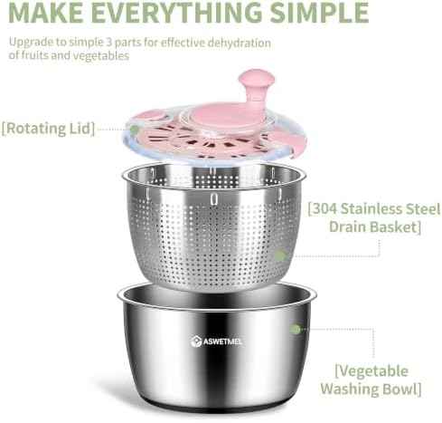 Stainless Steel Salad Spinner, ASWETMEL 5.3 Qt Lettuce Spinner