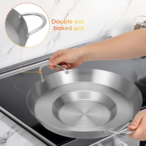 Cabilock Stainless Steel Comal Frying Bowl with Double Handle, Rounded