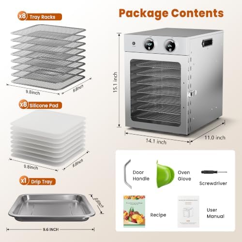 VUSIGN Food Dehydrator, 8 Stainless Steel Trays, 500W