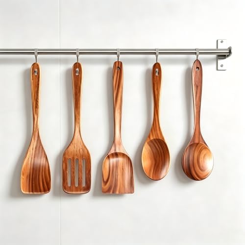 5 PCs Teak Wooden Utensil Set with Hooks, Wooden Spoons for Cooking