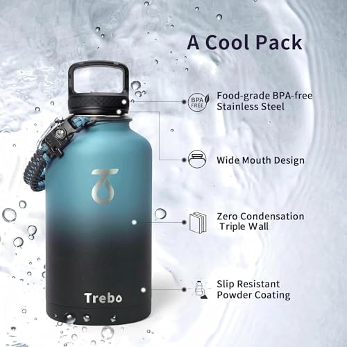 Trebo 64 oz Water Bottle Stainless Steel with 3 Lids, Paracord Handle