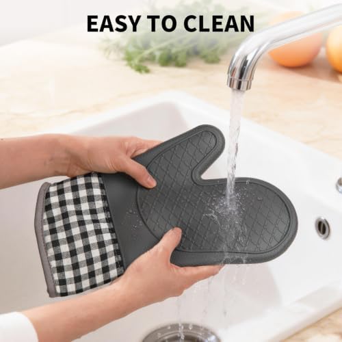 Tifanso Silicone Plaid Oven Mitts & Pot Holders, 4-Piece, Grey