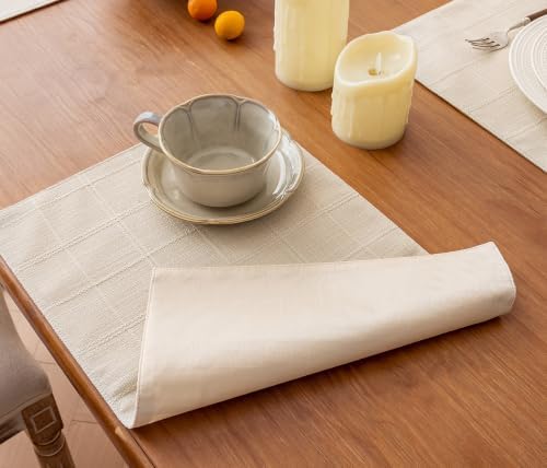 Linen Checked Placemats Set of 4, Ivory Rustic Place Mats 12x18 Inch