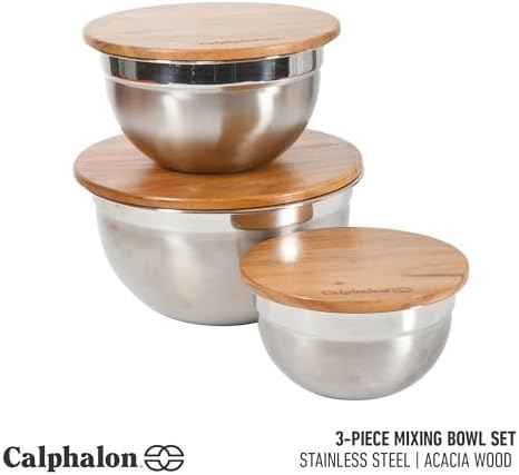 Calphalon Orbit Mixing Bowl Set, 3-Piece Stainless Steel Mixing Bowls(1.5 Qt, 3 Qt, 5 Qt) with Acacia Wood Lids & Non-Slip Base, Kitchen Prep Bowls for Mixing, Serving & Food Storage