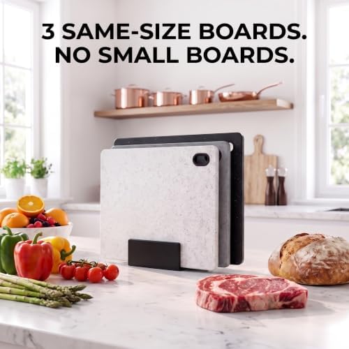 Plastic Cutting Boards Set of 3 with Holder, Stone-Look Color-Coded