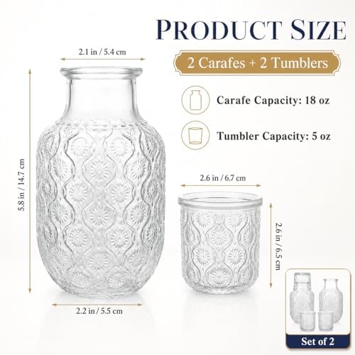 2 Set Bedside Water Carafe and Glass Set, 18oz Nightstand Pitcher with