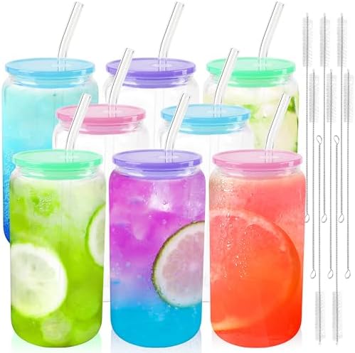 Joyclub 8pcs 16Oz Glass Cups with Acryic Lids and Straws Drinking