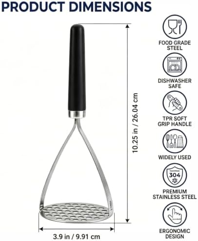 Potato Masher, 10.25 Inch Stainless Steel Masher with Non-Slip TPR