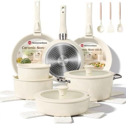 Ammeloo 24pcs Ceramic Cookware Set, Pots and Pans Set with Removable Handle