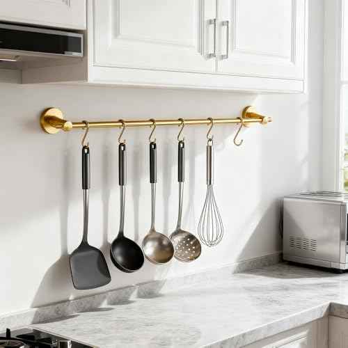 NEWRAIN Pot Rack Wall Mounted, 21 inch Hanging Pot and Pan Hanger, Stainless Steel Kitchen Rail Coffee Mug Rack with 10 S Hooks,Brushed Gold