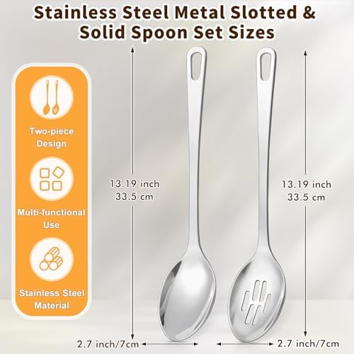 2 Pcs Stainless Steel Cooking Spoons Set, Solid & Slotted Metal
