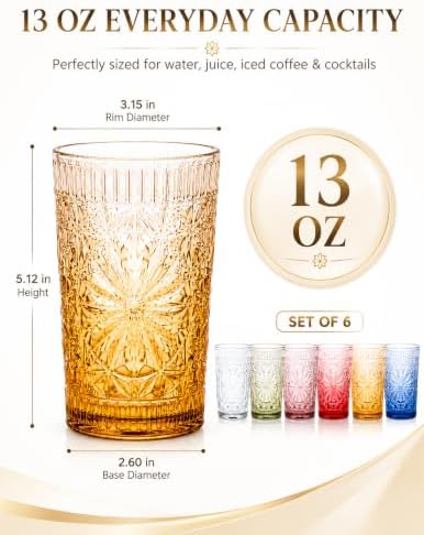 Drinking Glass Set of 6, 13oz Colored Glass Cup Glassware Set