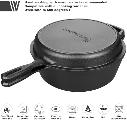 VORRINGARD Pre-seasoned Cast Iron Double Dutch Oven Pot with Skillet Lid, for Bread Baking, Outdoor, Campfire Cooking, 3 Quart
