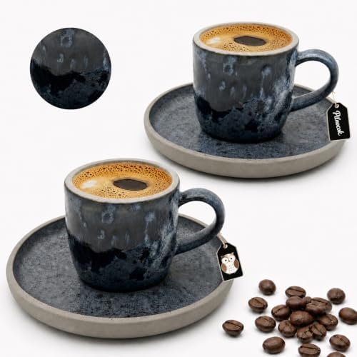 Pilnocok Ceramic Espresso Cups with Saucers Set of 2,2.5oz/75ml -Blue
