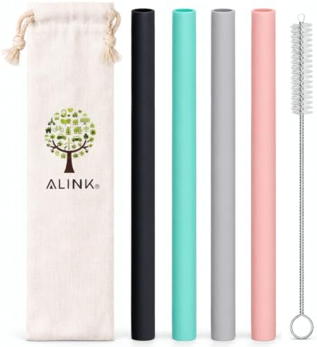 ALINK Extra Wide Silicone Boba Straws, 10 Inch, 4 Pack with Brush &