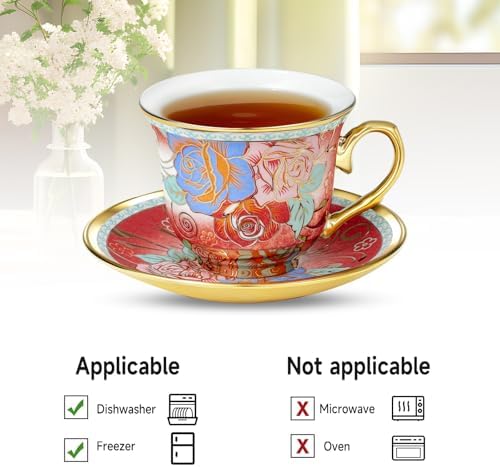 Tea Cups and Saucers, Tea Cup Set of 6, 8 OZ Floral Cups Porcelain Cup
