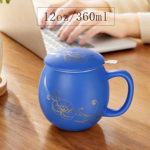Yundu 12 OZ Ceramic Mug with Lid & Tea Strainer - Matte Blue Tea Cup