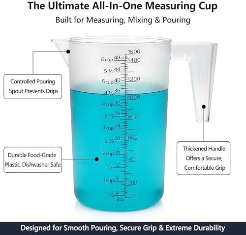 Liquid Measuring Cup with Handle, 48 oz / 6 Cup / 1500 ml Plastic