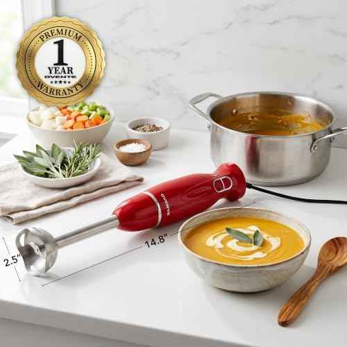 OVENTE Electric Corded Hand Blender, 300W with 2 Mixing Speeds Red