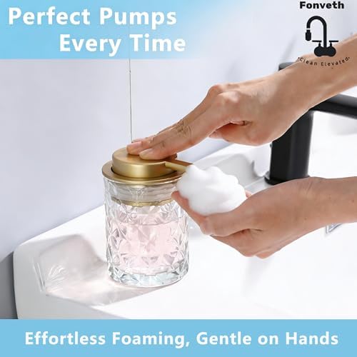 Foaming Soap Dispenser Clear Glass Bottle Gold Pump, Easy Refill and