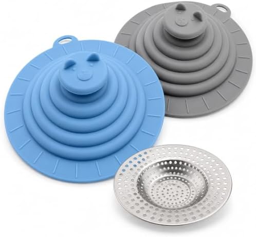 2 Silicone Bathtub Tub Stoppers with Stainless Steel Strainer Set