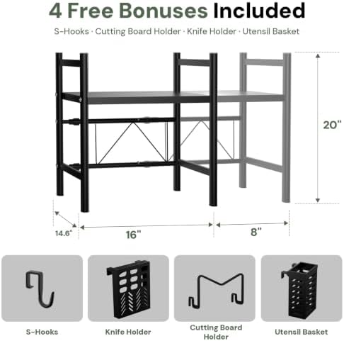 Microwave Shelf, Expandable 2-Tier Countertop Stand, Black
