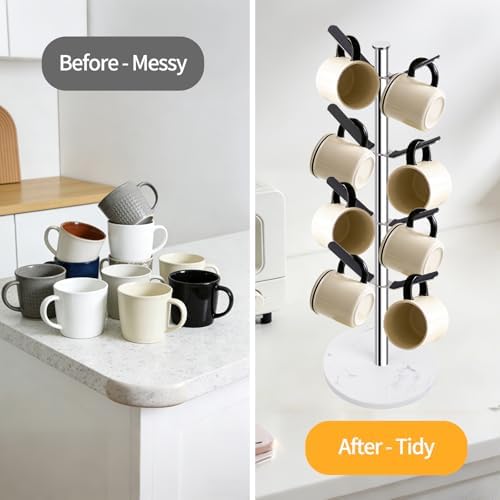 Marble Mug Holder Tree with 8 Hooks, Stainless Steel, Silver